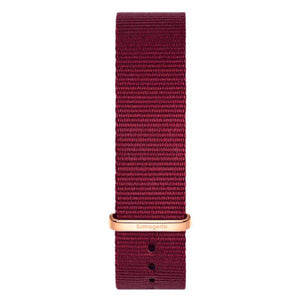 Red fabric watch band with rose gold buckle