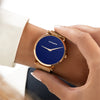 Womens Blue Watch - Rose Gold - Suffragette Pankhurst - on wrist