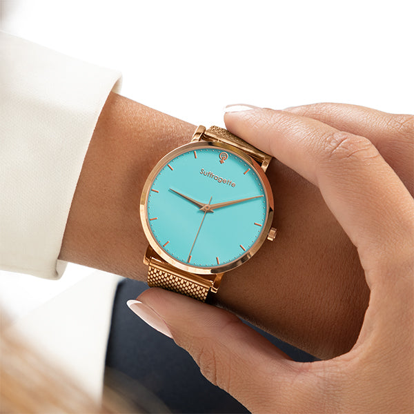 Womens Turquoise Watch - Rose Gold - Suffragette Kahlo on wrist