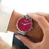 Womens Red Watch - Silver - Suffragette Kahlo - On wrist