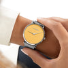Womens Yellow Watch - Silver - Suffragette Pankhurst - On wrist