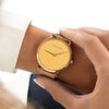 Womens Yellow Watch - Rose Gold - Suffragette Pankhurst - on wrist