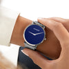 Womens Blue Watch - Silver - Suffragette Pankhurst - on wrist