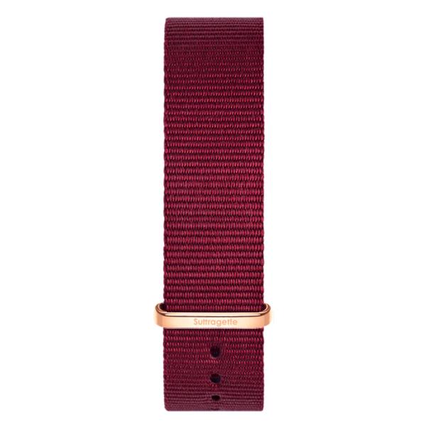 Red fabric watch band with rose gold buckle
