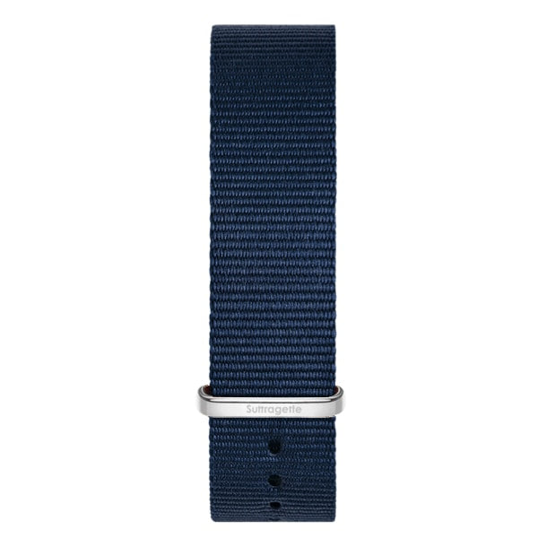 Blue fabric watch band with silver buckle