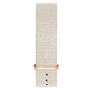 Grey fabric watch band with rose gold buckle