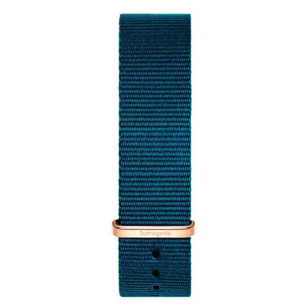 Turquoise fabric watch band with rose gold buckle