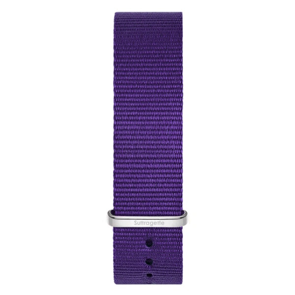 Purple fabric watch band with silver buckle
