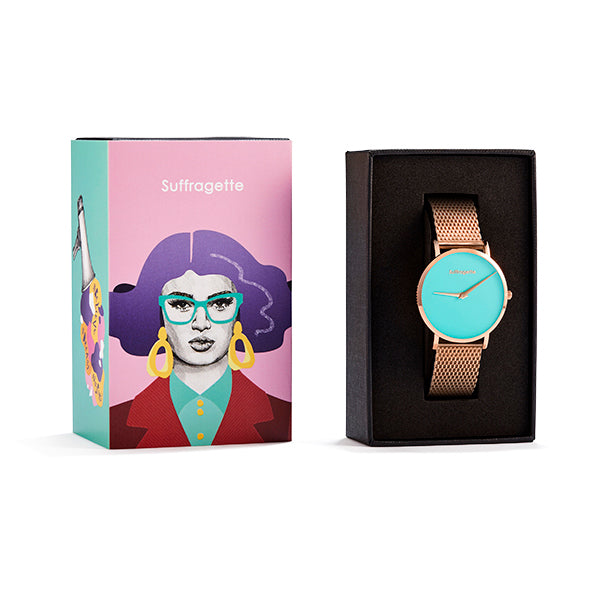 Womens Turquoise Watch - Rose Gold - Suffragette Pankhurst - In box