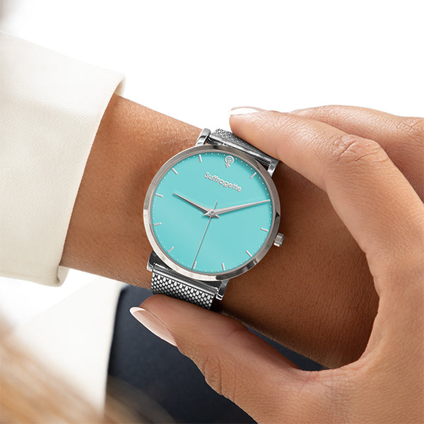 Womens Turquoise Watch - Silver - Suffragette Kahlo - On wrist