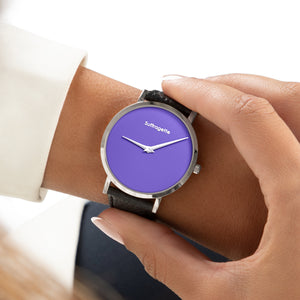 Womens Purple Watch - Silver - Suffragette Leather - On wrist