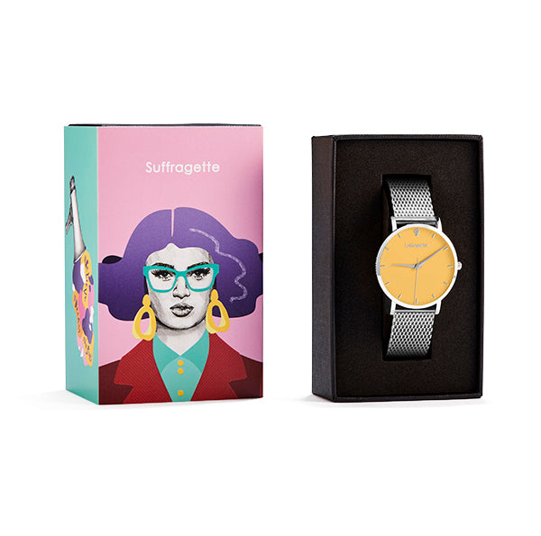 Womens Yellow Watch - Silver - Suffragette Kahlo - In box
