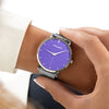 Womens Purple Watch - Silver - Suffragette Kahlo on wrist