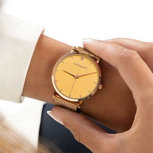 Womens Yellow Watch - Rose Gold - Suffragette Kahlo - On wrist