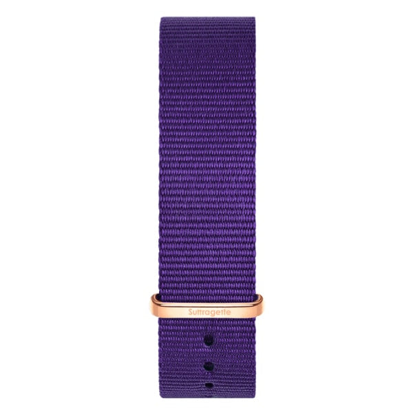 Purple fabric watch band with rose gold buckle